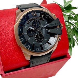 NWT DIESEL Men's Mega Chief Chronograph Copper-Tone & Black Leather Watch DZ4459
